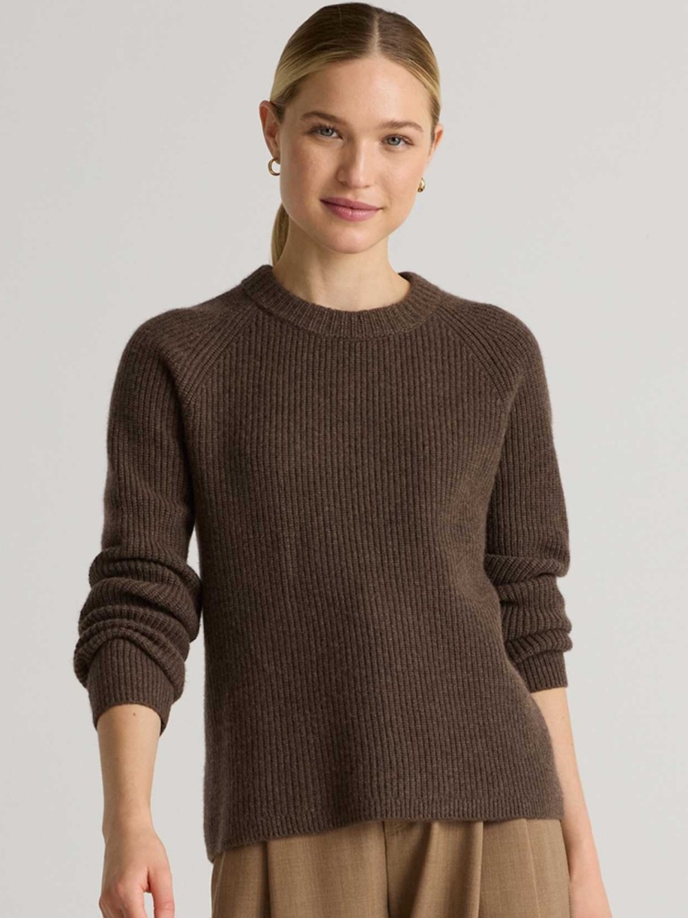 Quince Women's Mongolian Cashmere Fisherman Ribbed Crewneck Sweater in Brown